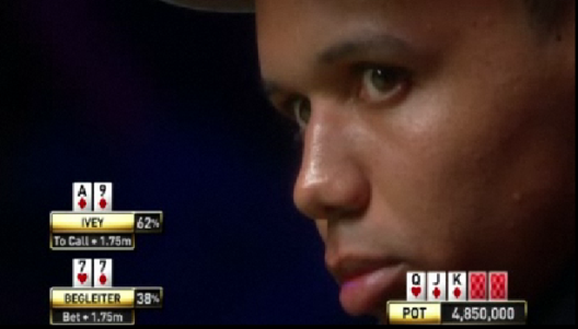 Il momento forse decisivo per la mano: il call di Ivey sul flop
