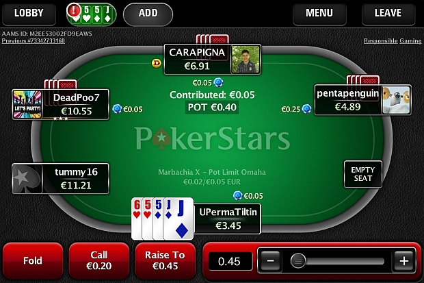Un'immagine del client di gioco per soldi veri che da oggi offre PokerStars Mobile Poker
