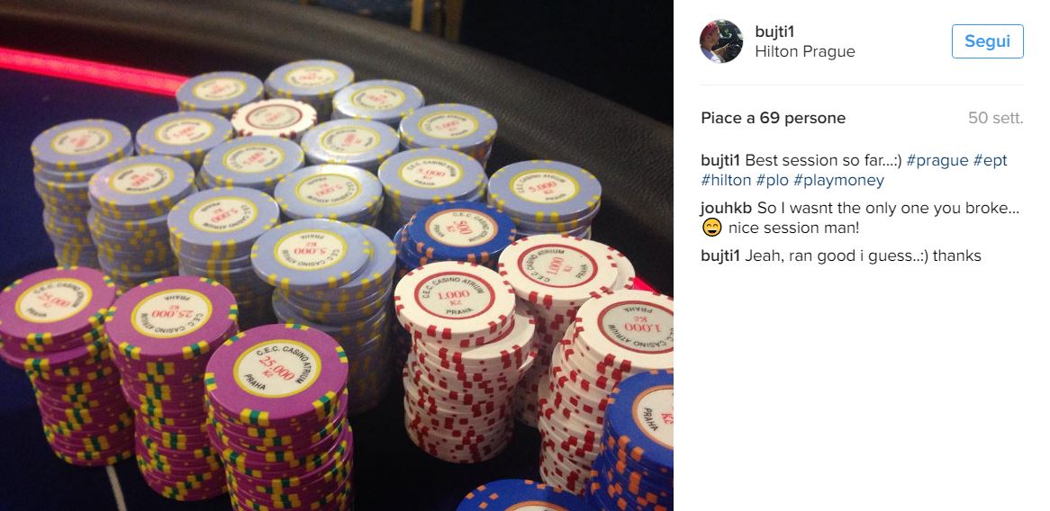 Dal suo profilo Instagram, lo scatto di uno stack da decine di migliaia di euro al tavolo di cash game di Praga