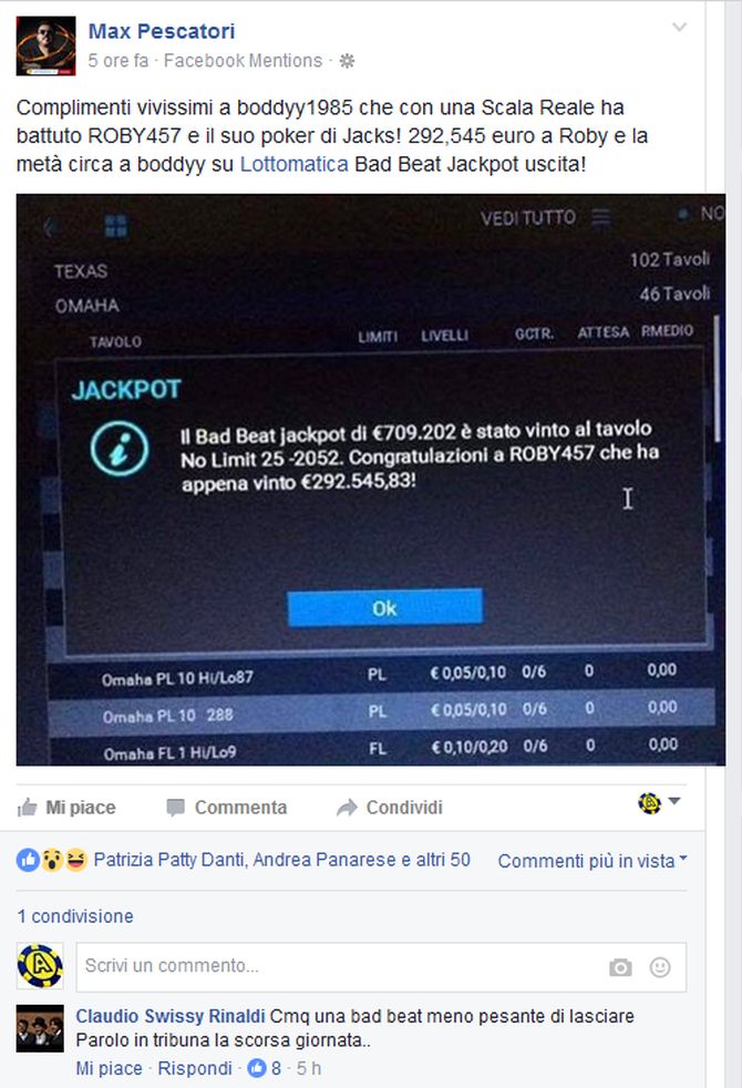 Il post con cui Max Pescatori annuncia il bad beat jackpot centrato su Lottomatica Poker. Da notare il "commento memorabile" di Claudio "swissy" Rinaldi...