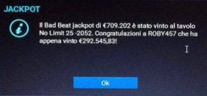 Lottomatica Poker: ROBY457 perde con poker contro scala reale ma incassa un Bad Beat Jackpot da 292.545€!
