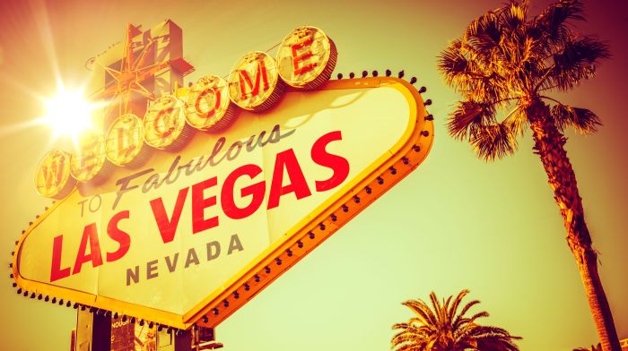 World Famous Las Vegas Nevada. Vegas Strip Entrance Sign in 80s Vintage Color Grading. United States of America.