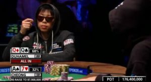 Quando al WSOP Main Event 2010 Cheong disse addio al bracciale contro Duhamel giocandosi tutto in una sola mano