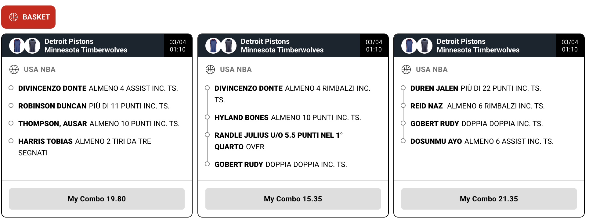 Screenshot del Bet Builder basket su PokerStars Scommesse con tre esempi di My Combo NBA personalizzate.