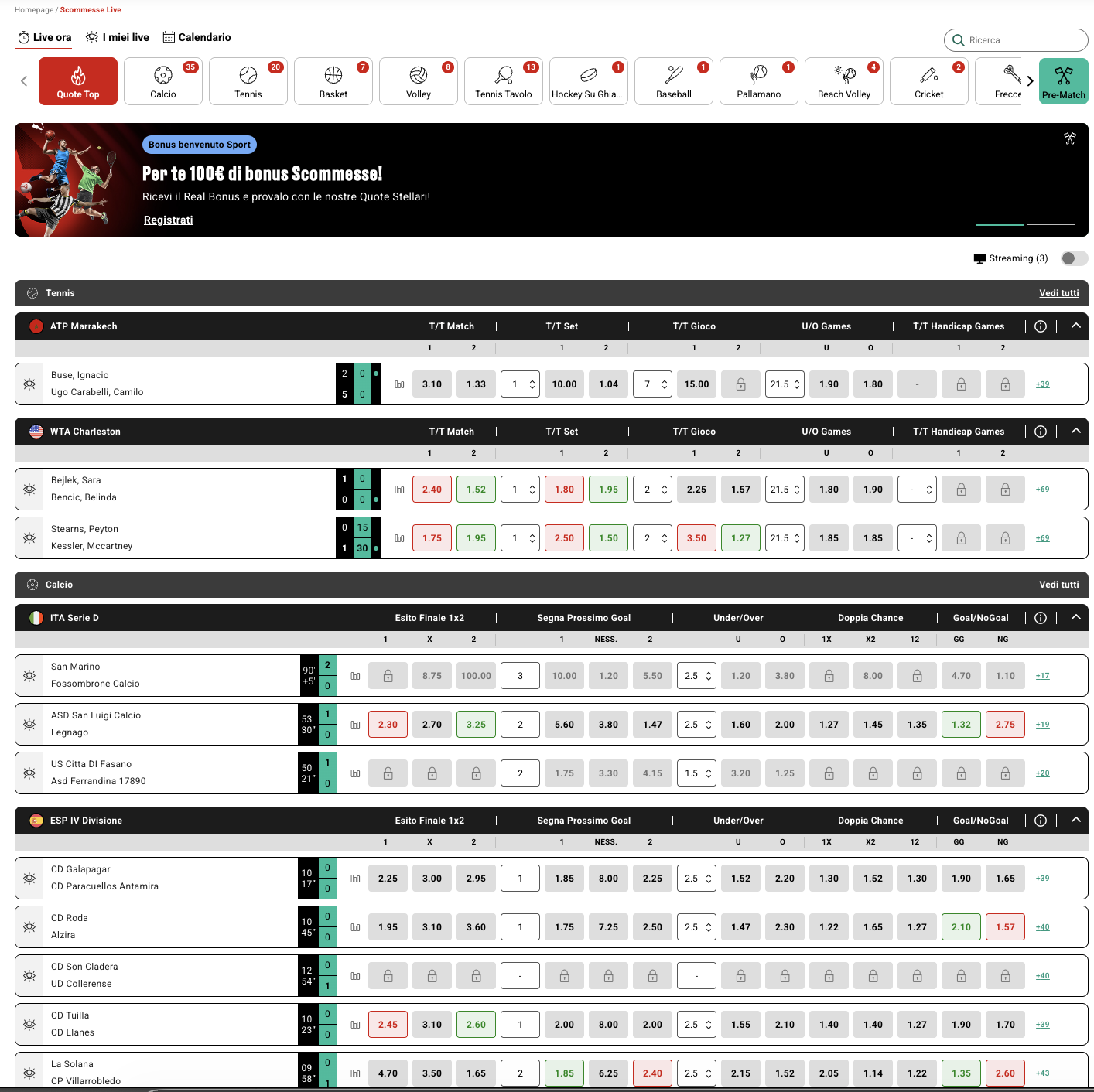 Screenshot della sezione Scommesse Live di PokerStars con quote aggiornate in tempo reale su tennis e calcio.