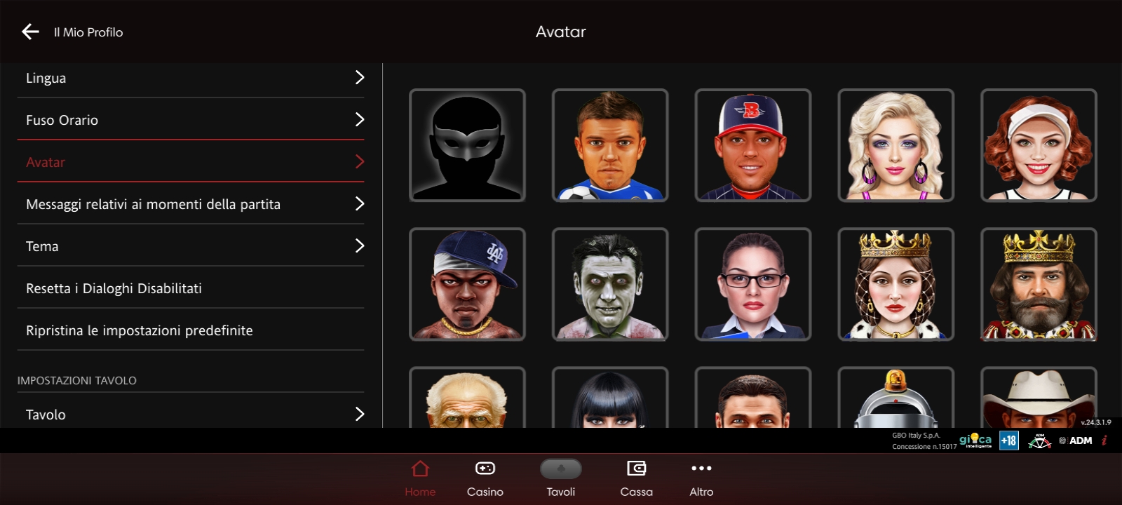 Scelta dell'Avatar e altre impostazioni del profilo personale su App Lottomatica Poker