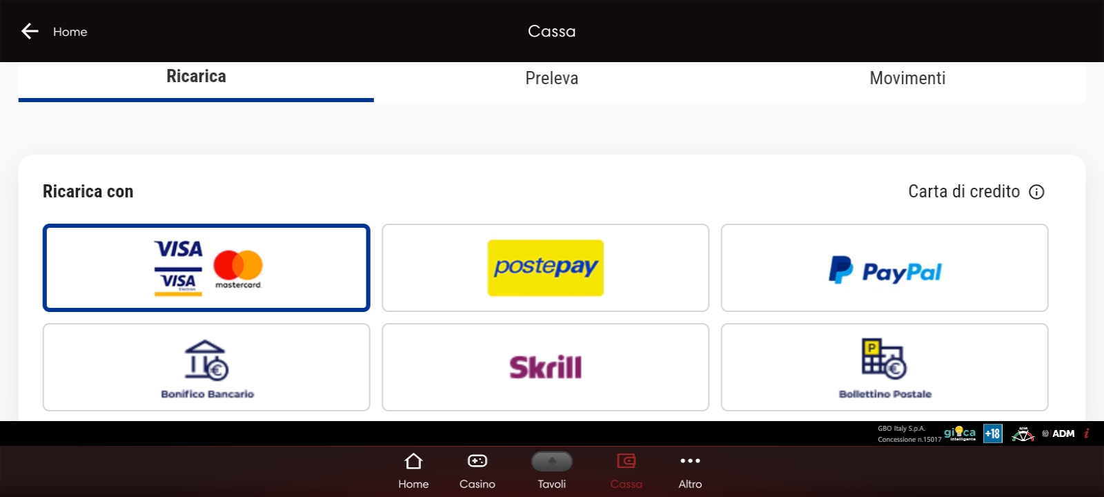 Come ricaricare il conto di gioco su App Poker Lottomatica