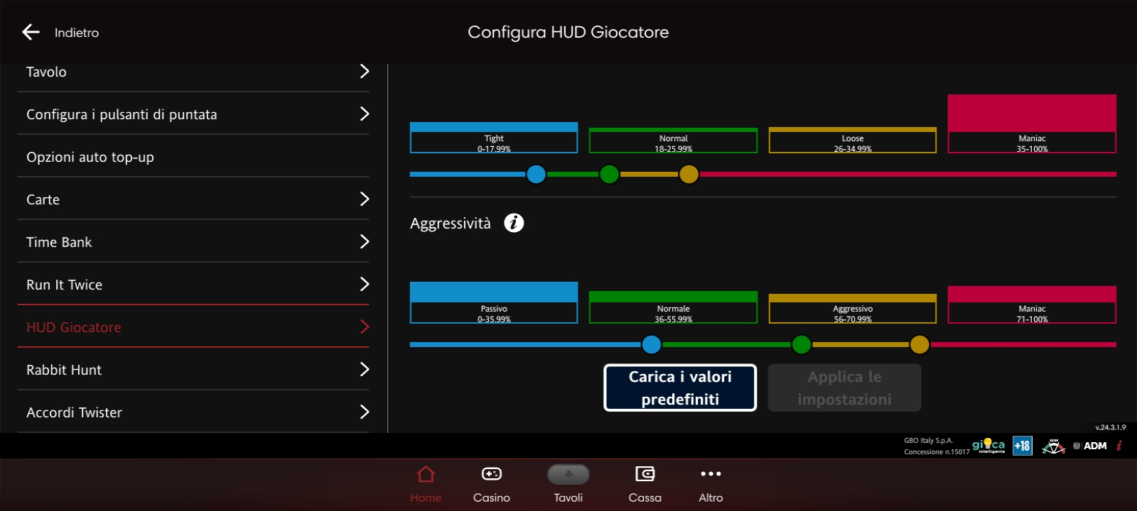 Configurazione HUD Giocatore sulla App Poker di Lottomatica
