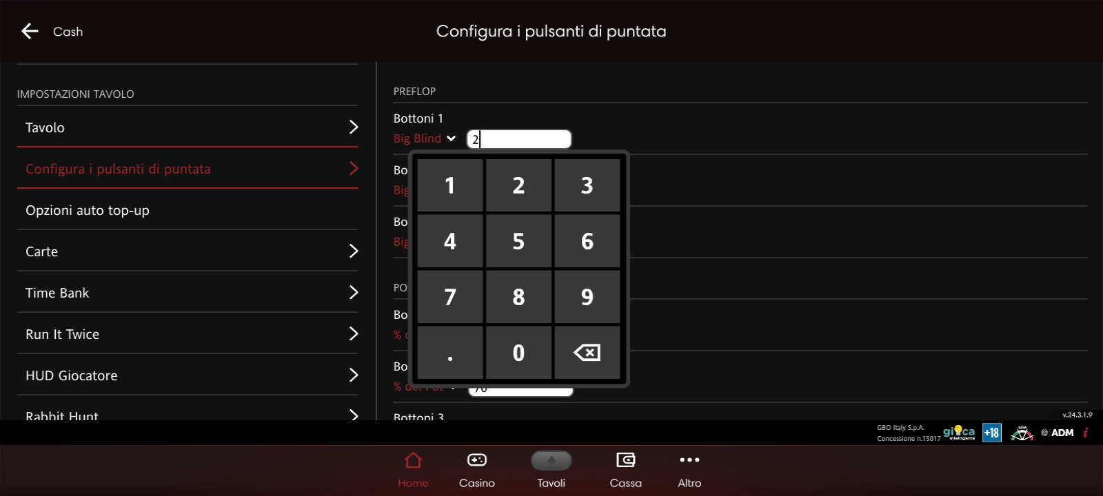 Configurazione pulsanti di puntata al tavolo sulla App poker Lottomatica
