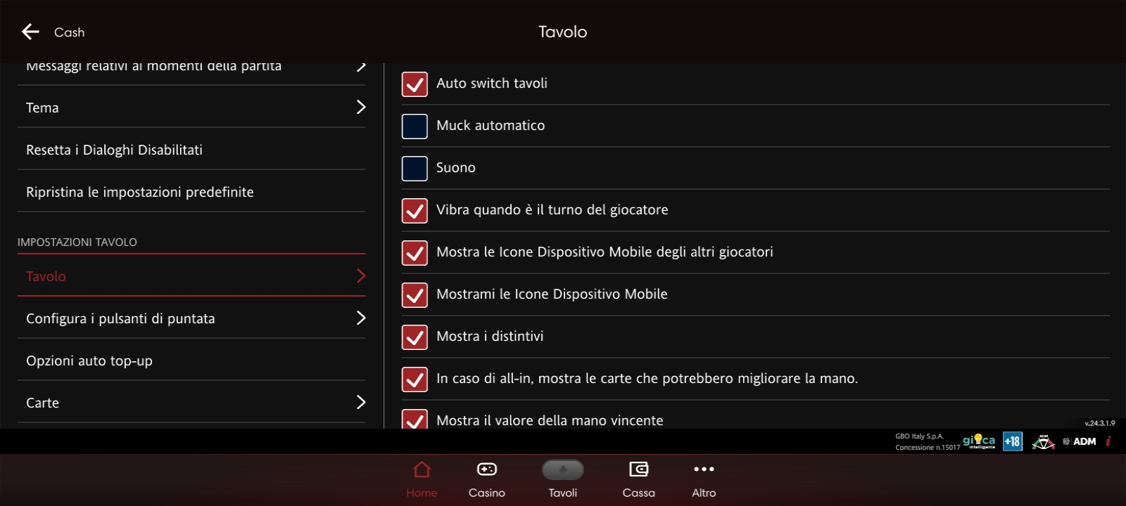 Impostazioni di gioco al tavolo sulla App Poker Lottomatica