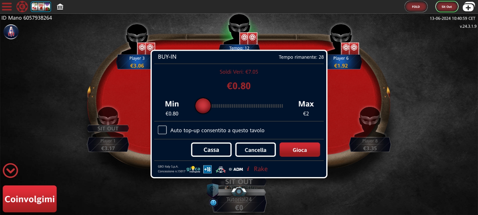 Selezionare lo stack in un tavolo Cash Game di Lottomatica App Poker