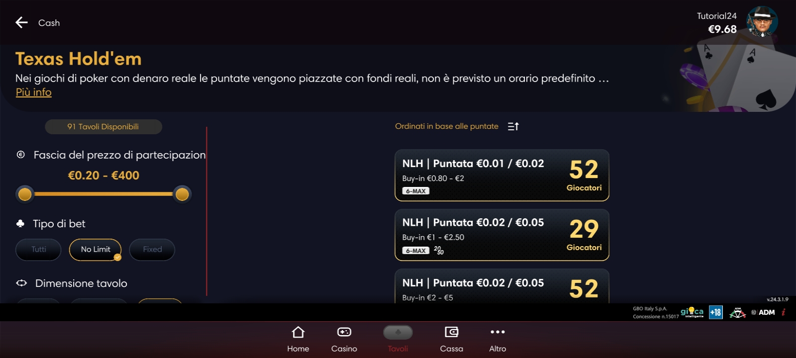 Scelta del tavolo sulla App Poker Lottomatica