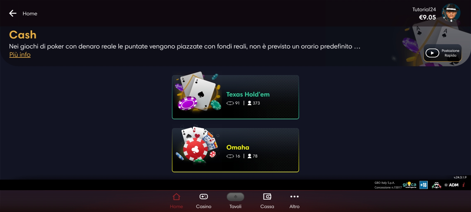 Lobby App mobile Poker Lottomatica Sezione Cash Game