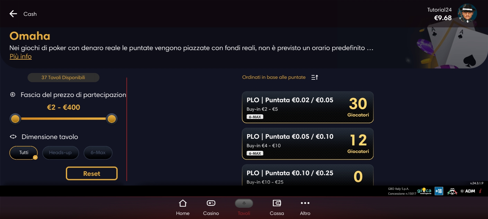 Selezione e filtri per la scelta del tavolo nella sezione Omaha Cash Game Lottomatica