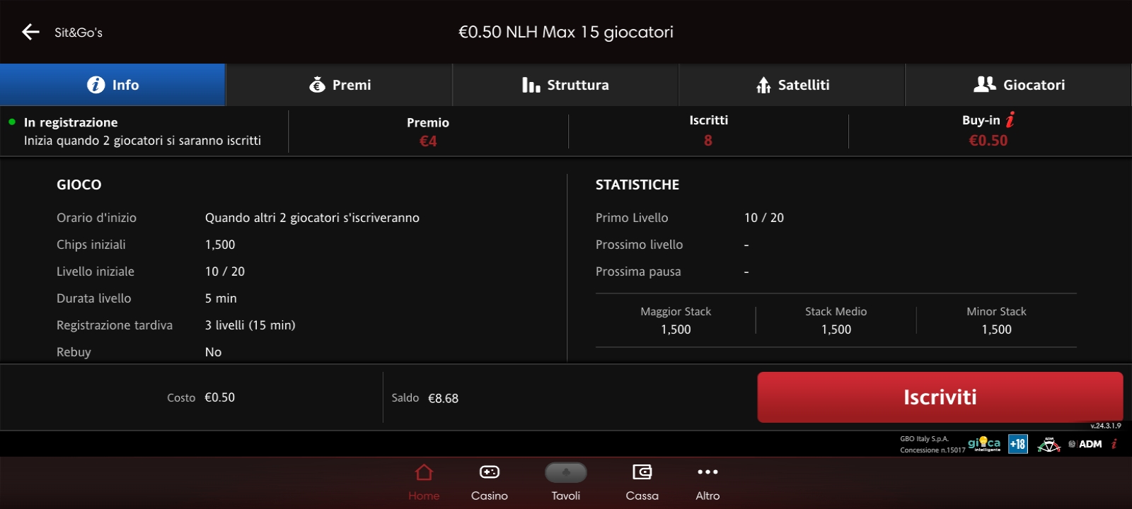 Iscrizione a un Sit&Go nella App Lottomatica