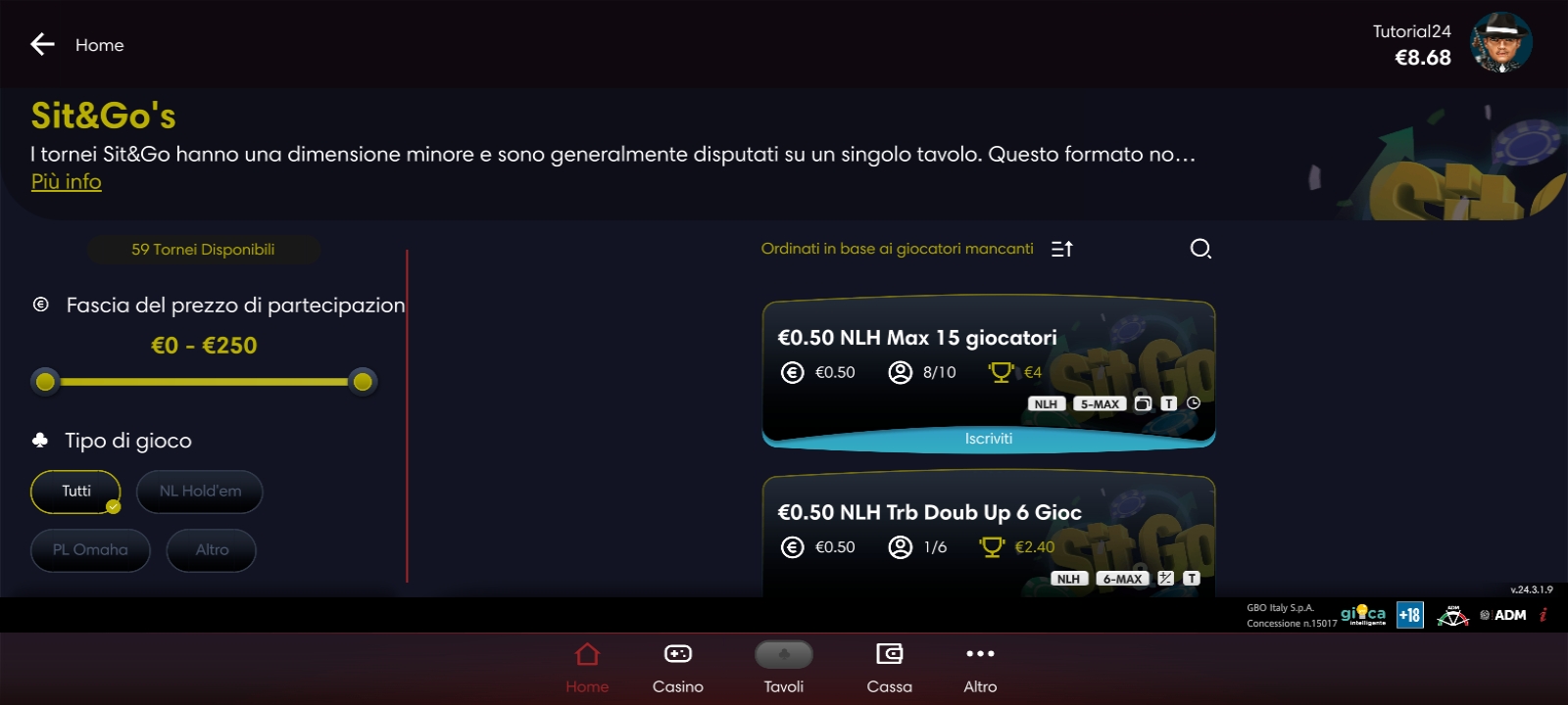 Lobby sezione Sit&Go App Lottomatica