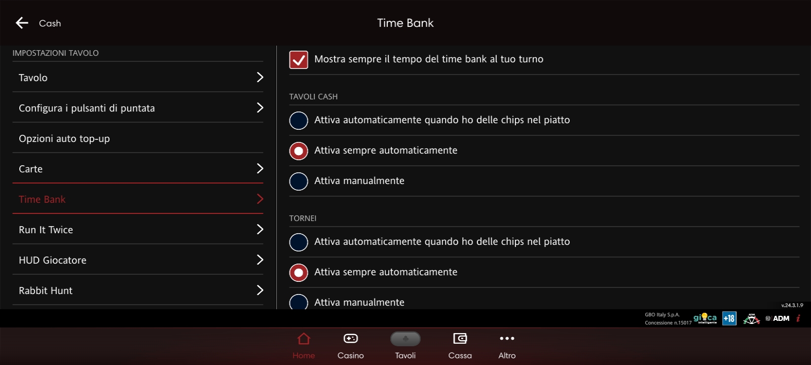 Altre impostazioni al tavolo da gioco della app Poker Lottomatica