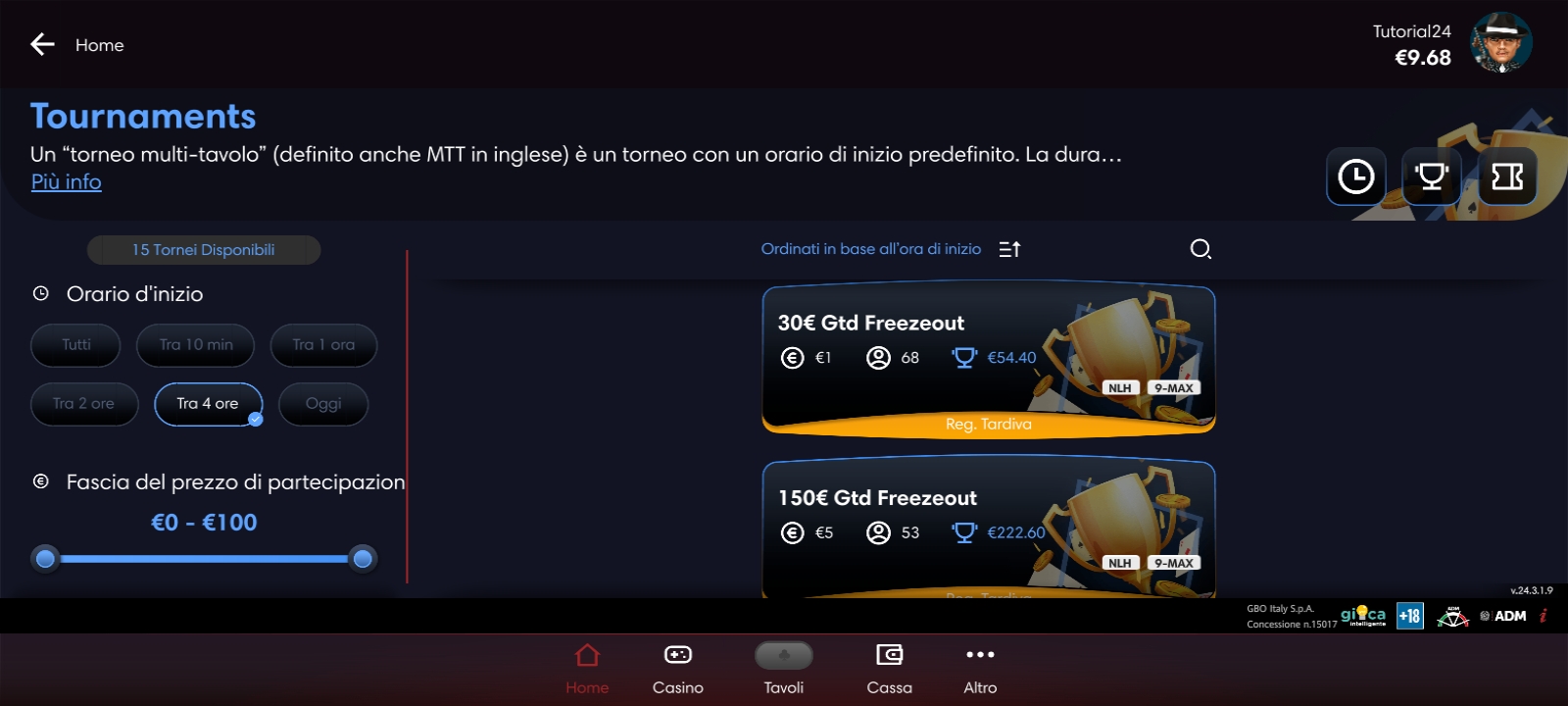 Lobby sezione Tornei App Poker Lottomatica