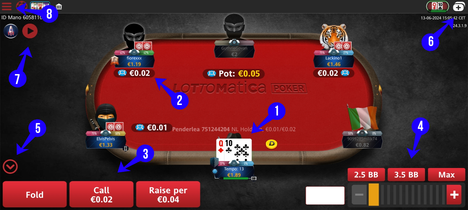 Funzionalità e informazioni nella visuale al tavolo in game della App Poker di Lottomatica