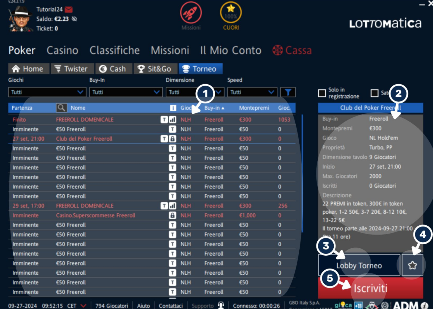 Elenco Tornei Freeroll in Lobby Poker Lottomatica