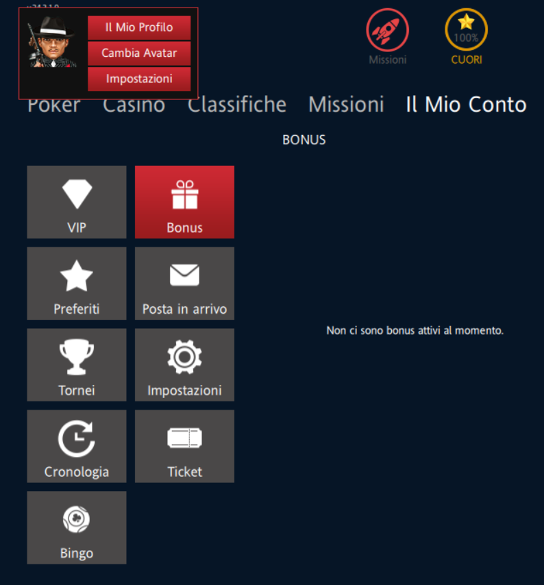 Attivazione del Bonus di Benvenuto nella sezione Bonus del client di gioco