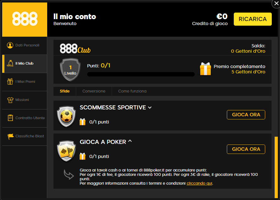 Pagina dedicata al 888 Club sul client di gioco di 888 Poker