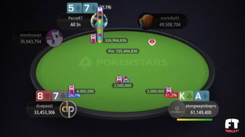 A-K 15x cinque left sull'openpush del mega-chipleader prima della pausa per discutere il deal: chiami o foldi?