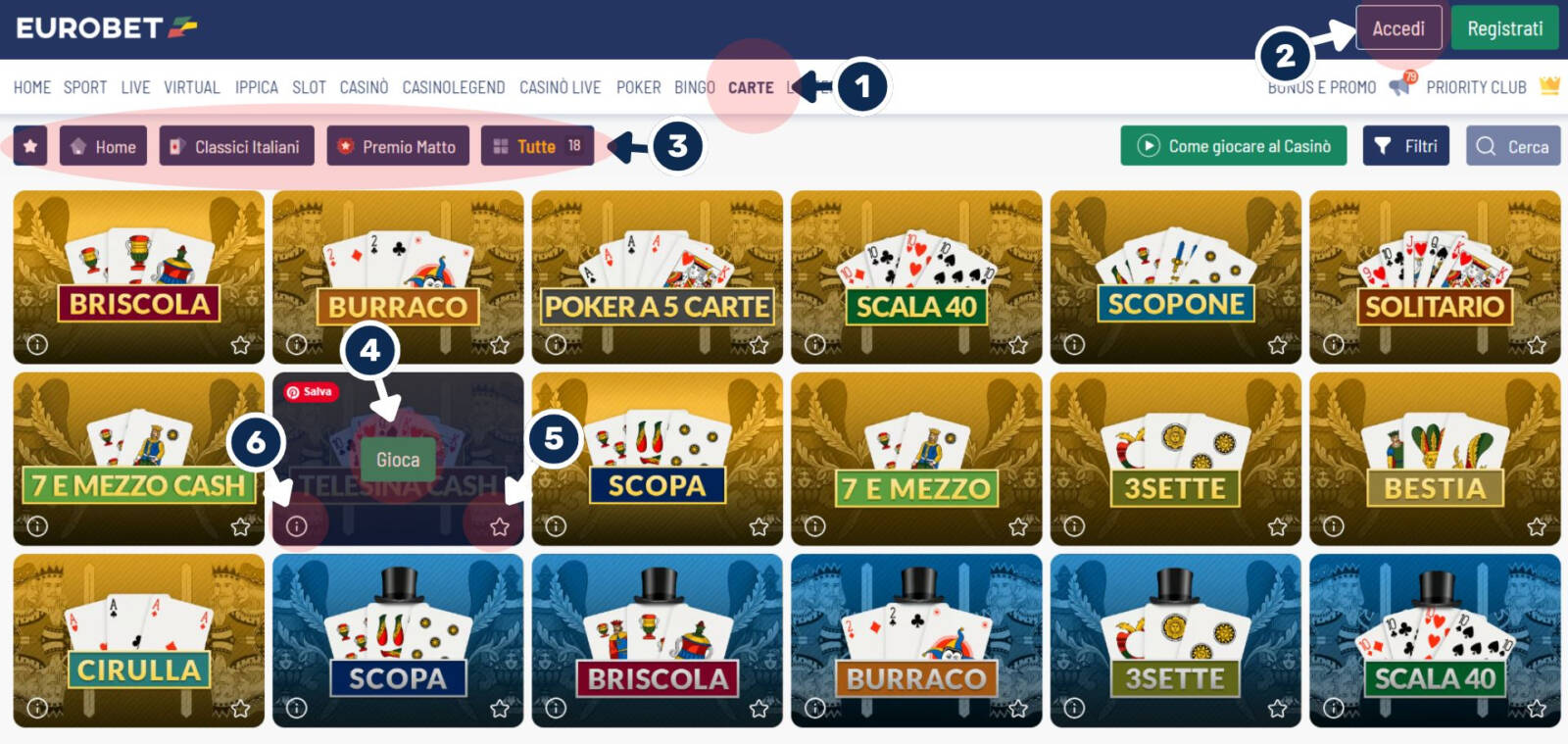 Pagina principale dei Giochi di Carte su Eurobet