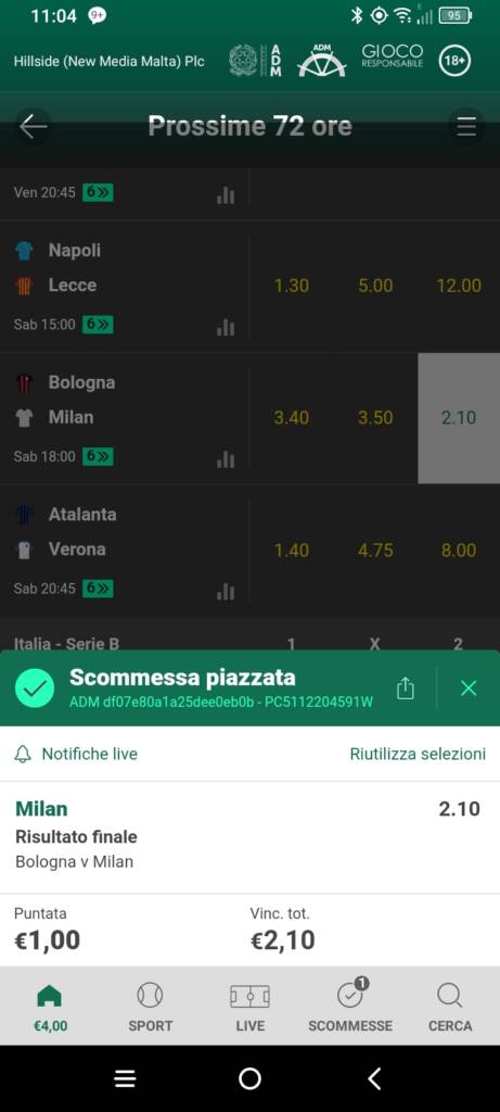 Piazzare una scommessa sulla App Mobile di Bet365