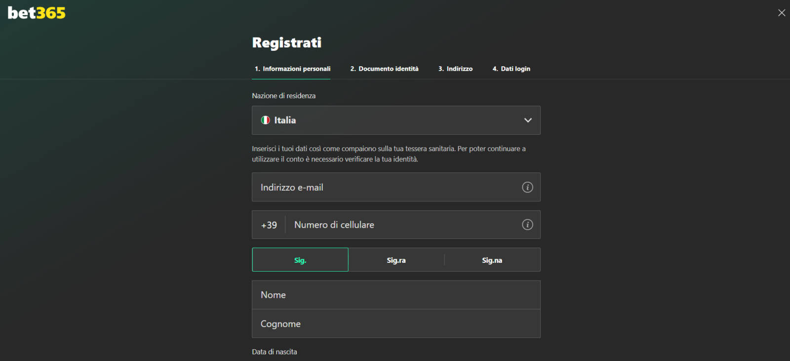 Step 1 - Inserimento dati personali