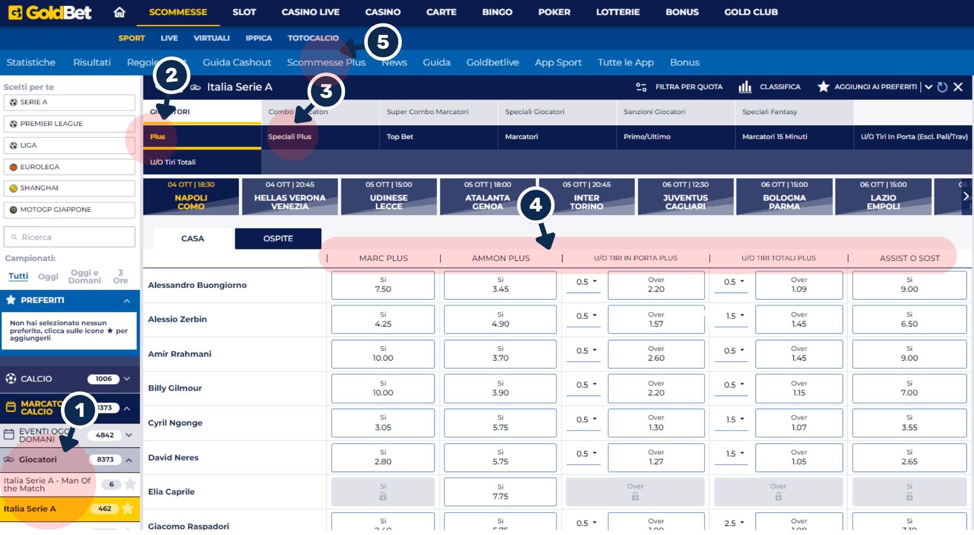 Interfaccia di Goldbet Scommesse