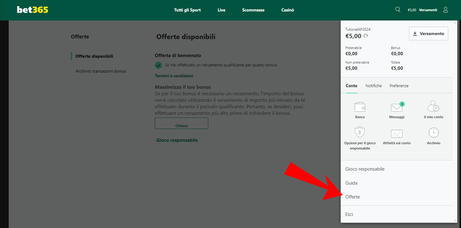 Attivazione Bonus Benvenuto Bet365 - Step 2