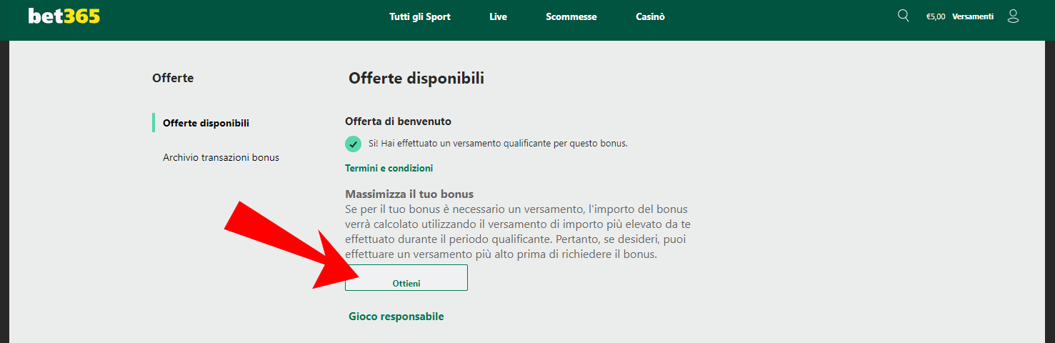 Attivazione Bonus Benvenuto Bet365 - Step 3