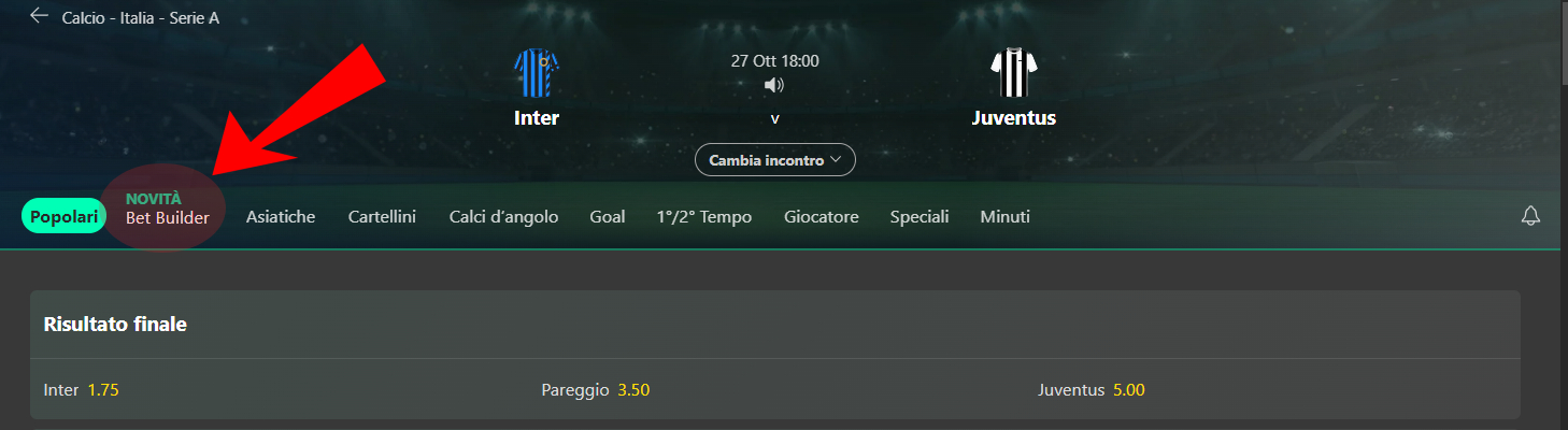 Dove trovare il Bet Builder nella pagina evento di Bet365