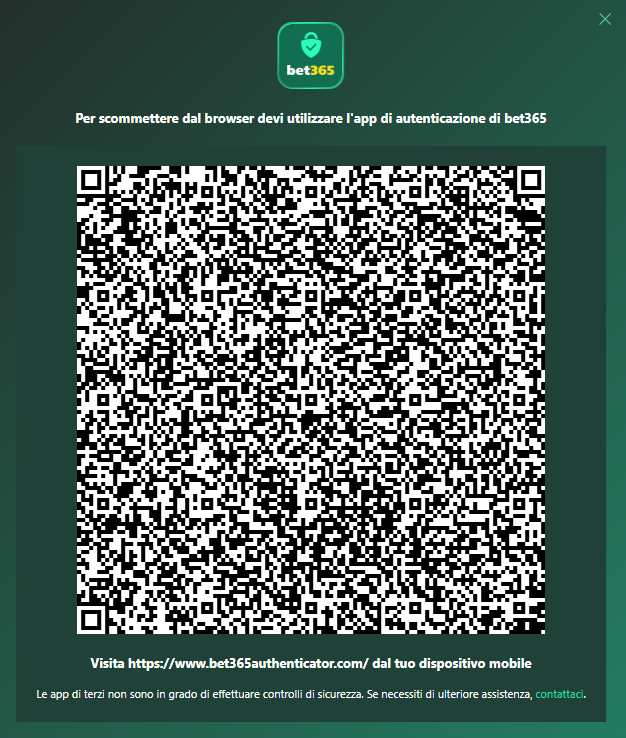 Esempio di QR Code da autenticare tramite applicazione di Bet365 per portare a termine la scommessa
