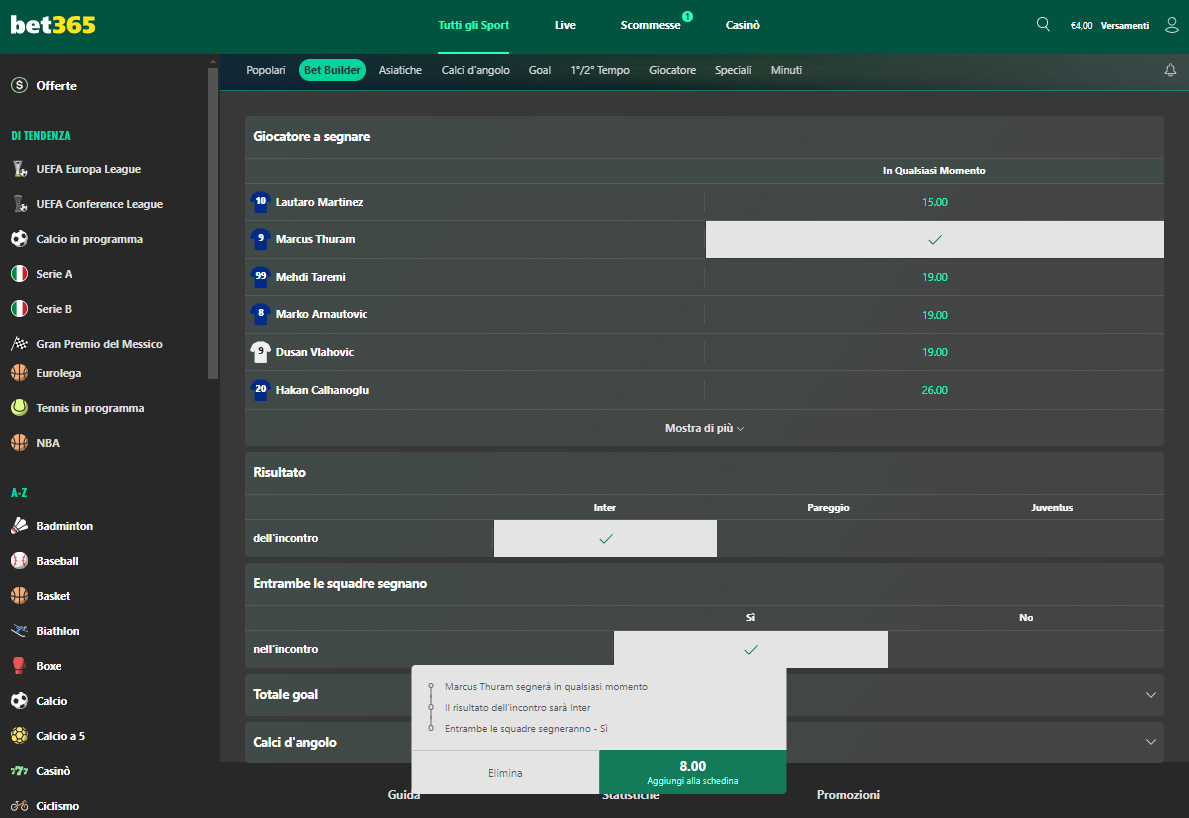Come creare una schedina con il Bet Builder di Bet365