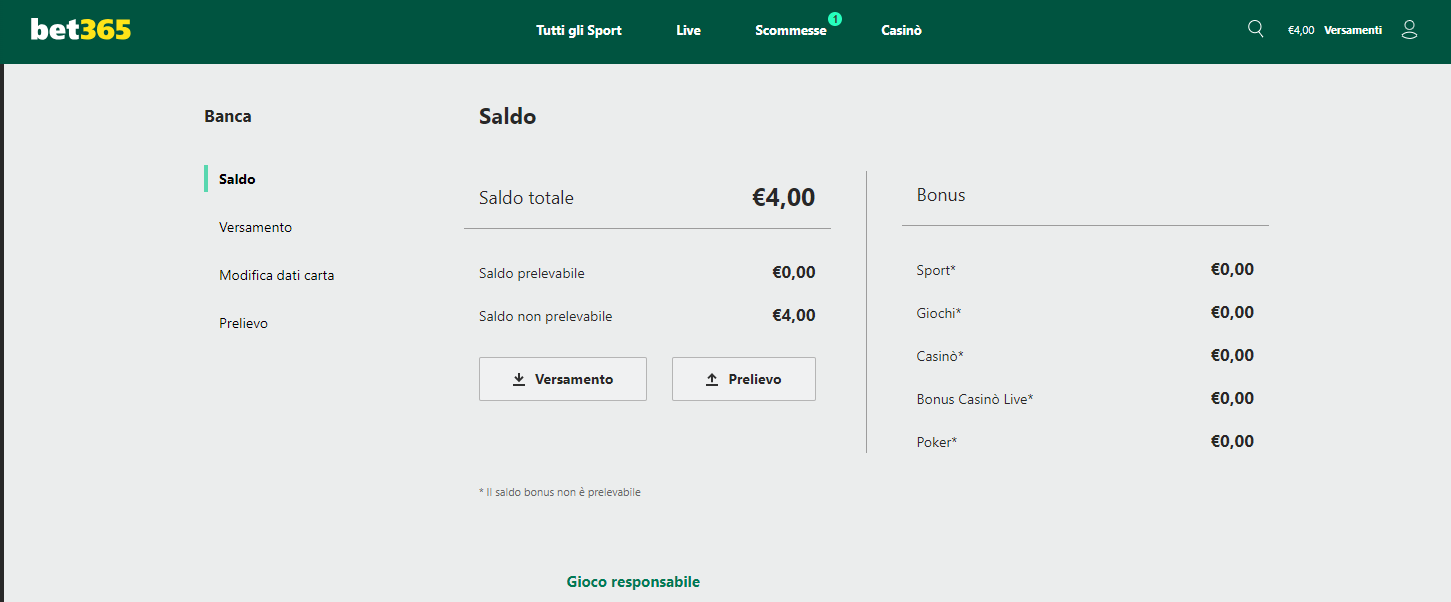 Sezione "Banca" in cui versare o prelevare dal tuo conto su Bet365