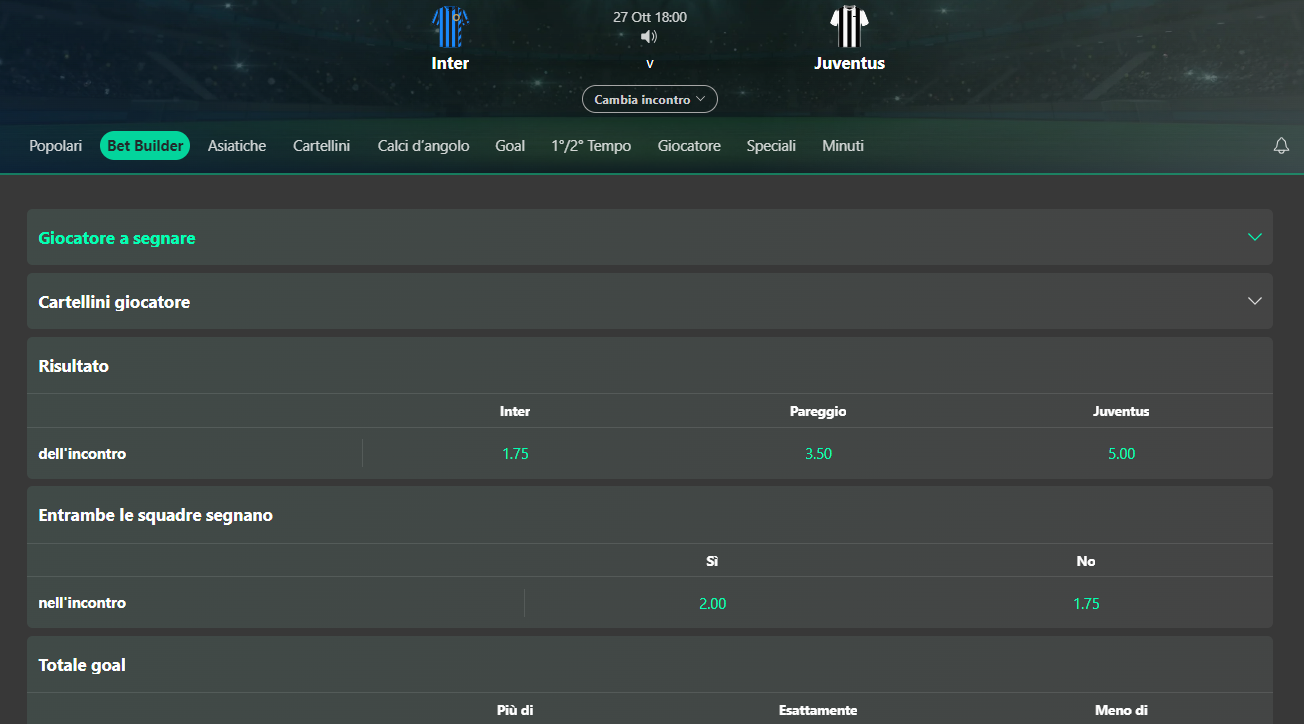 Pagina del Bet Builder in una partita con relativi mercati e quote disponibili