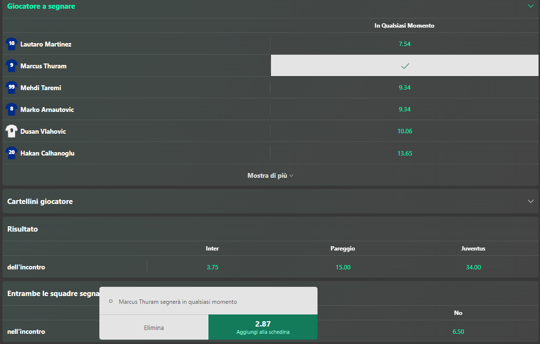 Creazione della schedina con Bet Builder Bet365