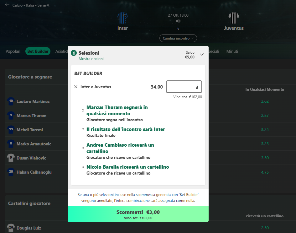 Riepilogo della scommessa creata con il Bet Builder di Bet365