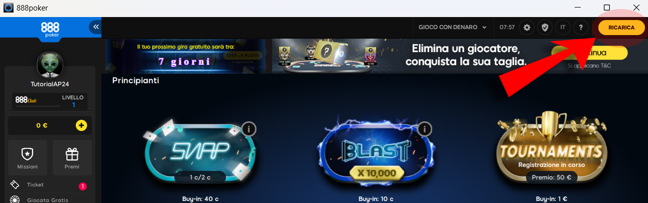 Ricaricare il tuo conto di gioco dal client di 888 Poker