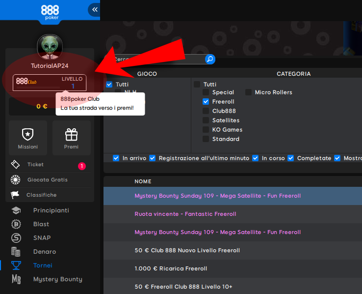 Dove controllare lo status del proprio livello sul 888 Club