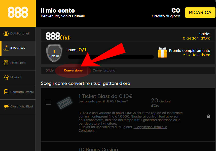 Come convertire i Gettoni d'Oro in premi e bonus su 888 Club