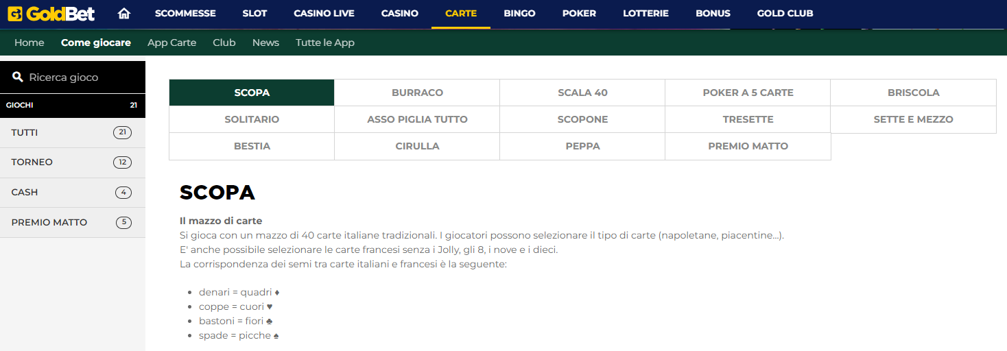 Sezione delle regole di tutti i giochi di carte su Goldbet