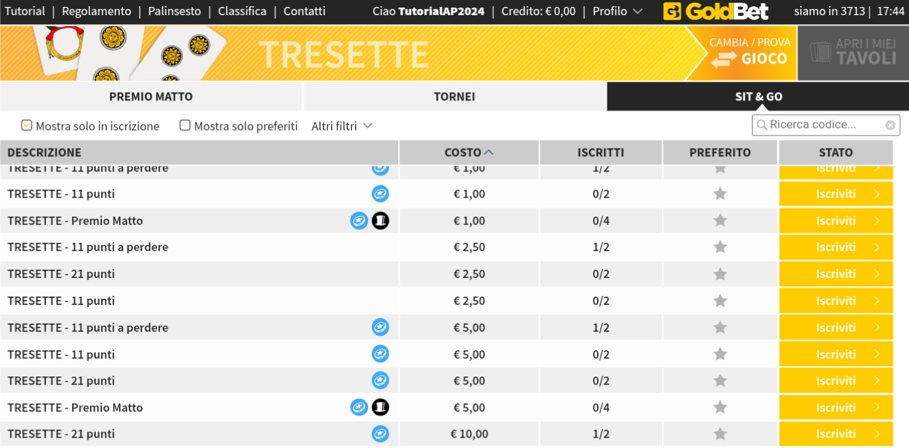 Lobby dei Sit'Go nei giochi di carte su Goldbet