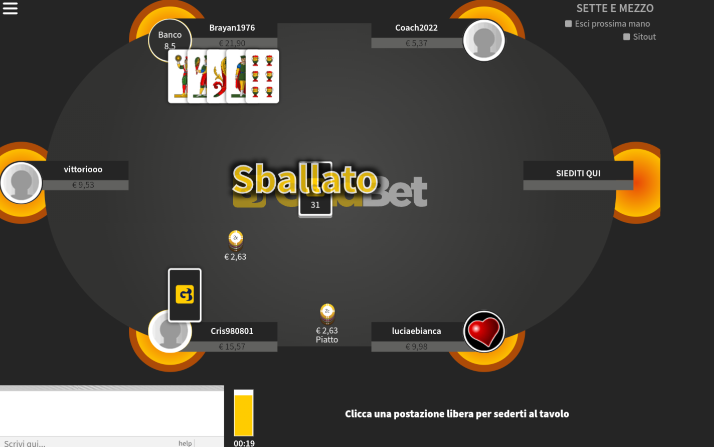 Esempio di tavolo Cash Game nel gioco del Sette e Mezzo su Goldbet