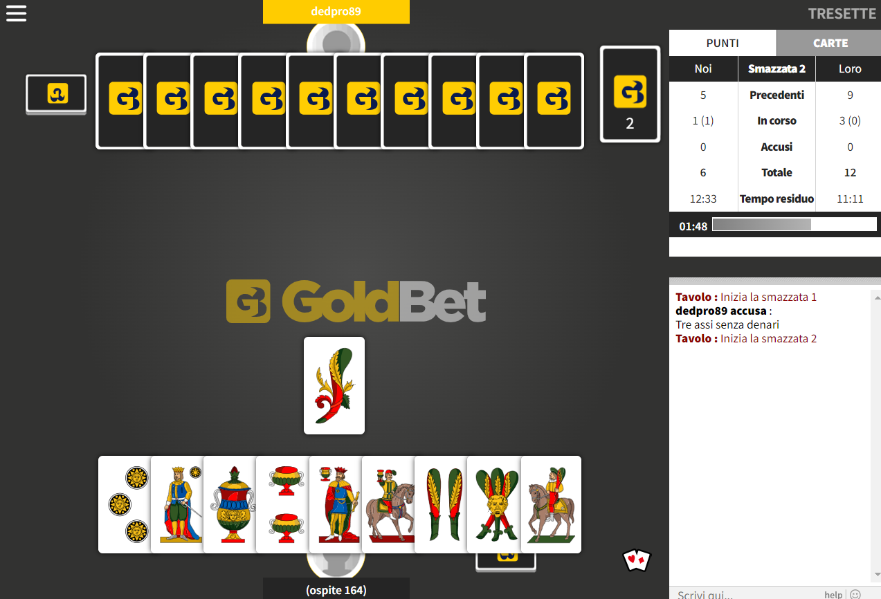 Il tavolo di una partita a Tresette su Goldbet