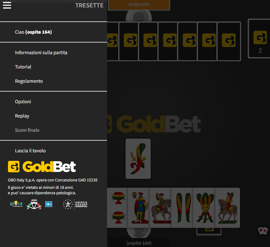 Menu disponibile al tavolo durante la partita con alcune funzionalità utili (sui giochi di carte goldbet)