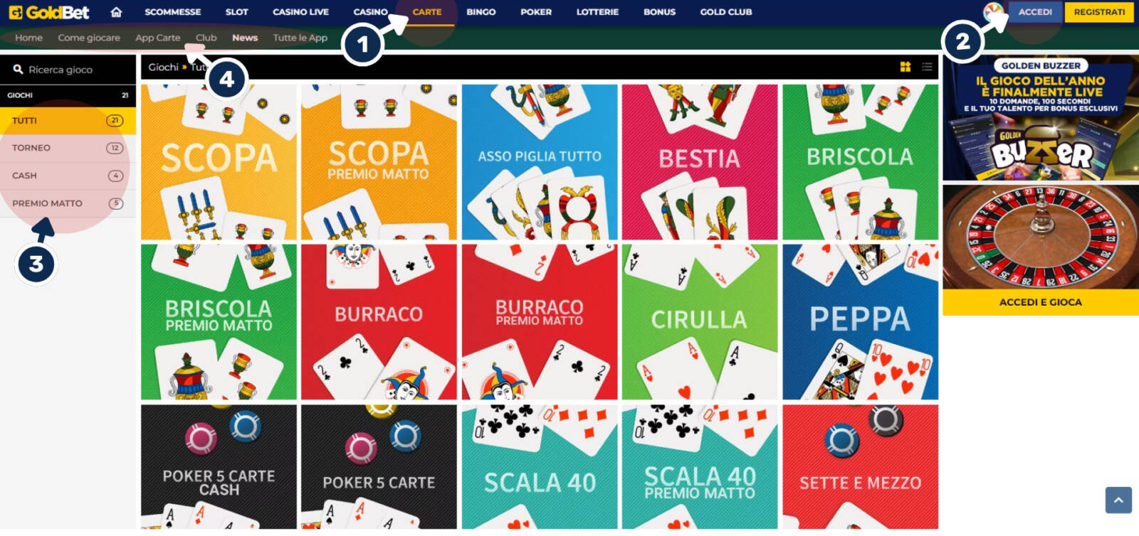 Lobby Giochi di carte Goldbet (da computer)