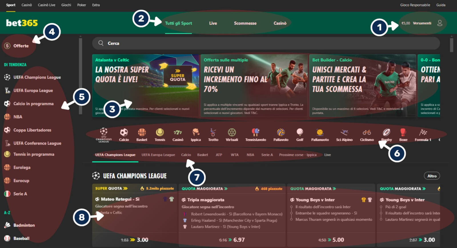 Lobby principale del sito di Bet365 Scommesse